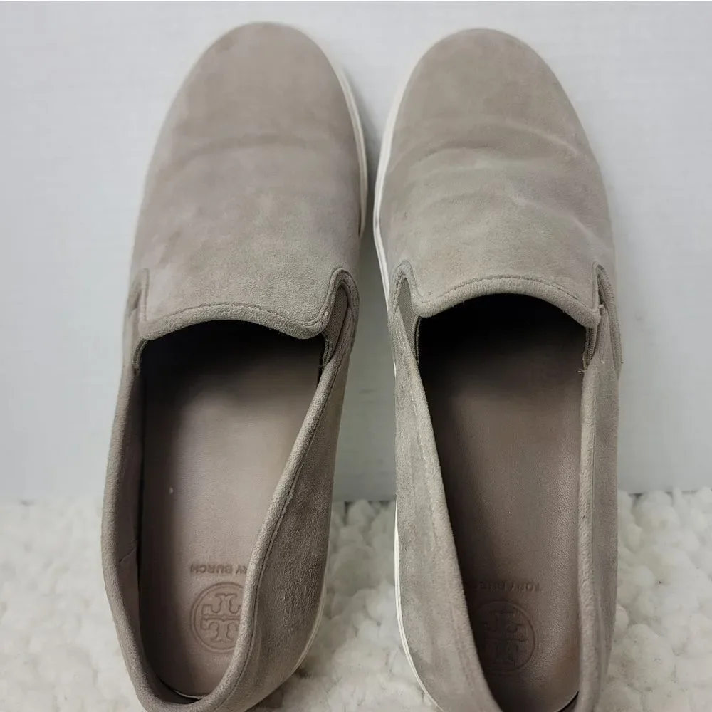 Tory Burch Jesse Slip-On  Sneaker Size 10.5   Gray Suede Gold Logo Back Shoes